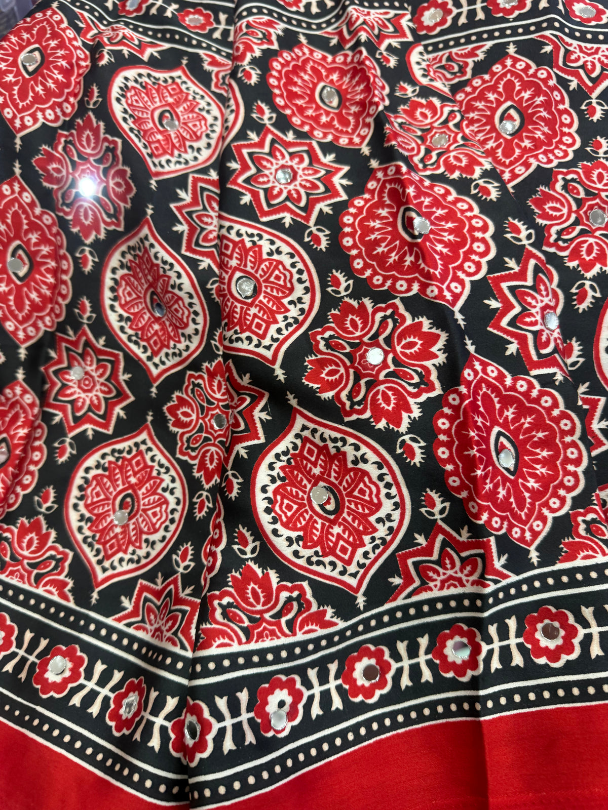 Beautiful designer Ajrakh Modal Silk Saree with Mirror Work & Pallu Tassels