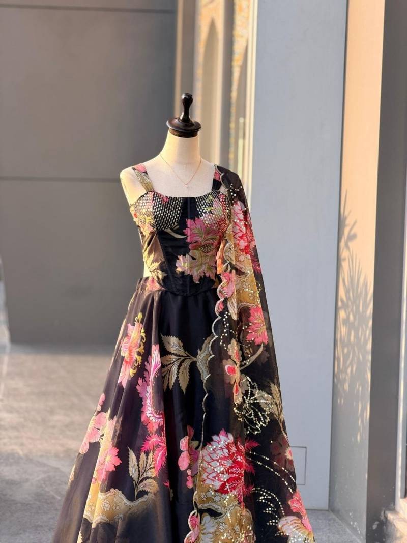 Lehenga Choli For Women And Girls Style Designer Corset Lehenga Set For Women Jimmy Organza Digital Print With Embroidered Blouse Dupatta black Colour