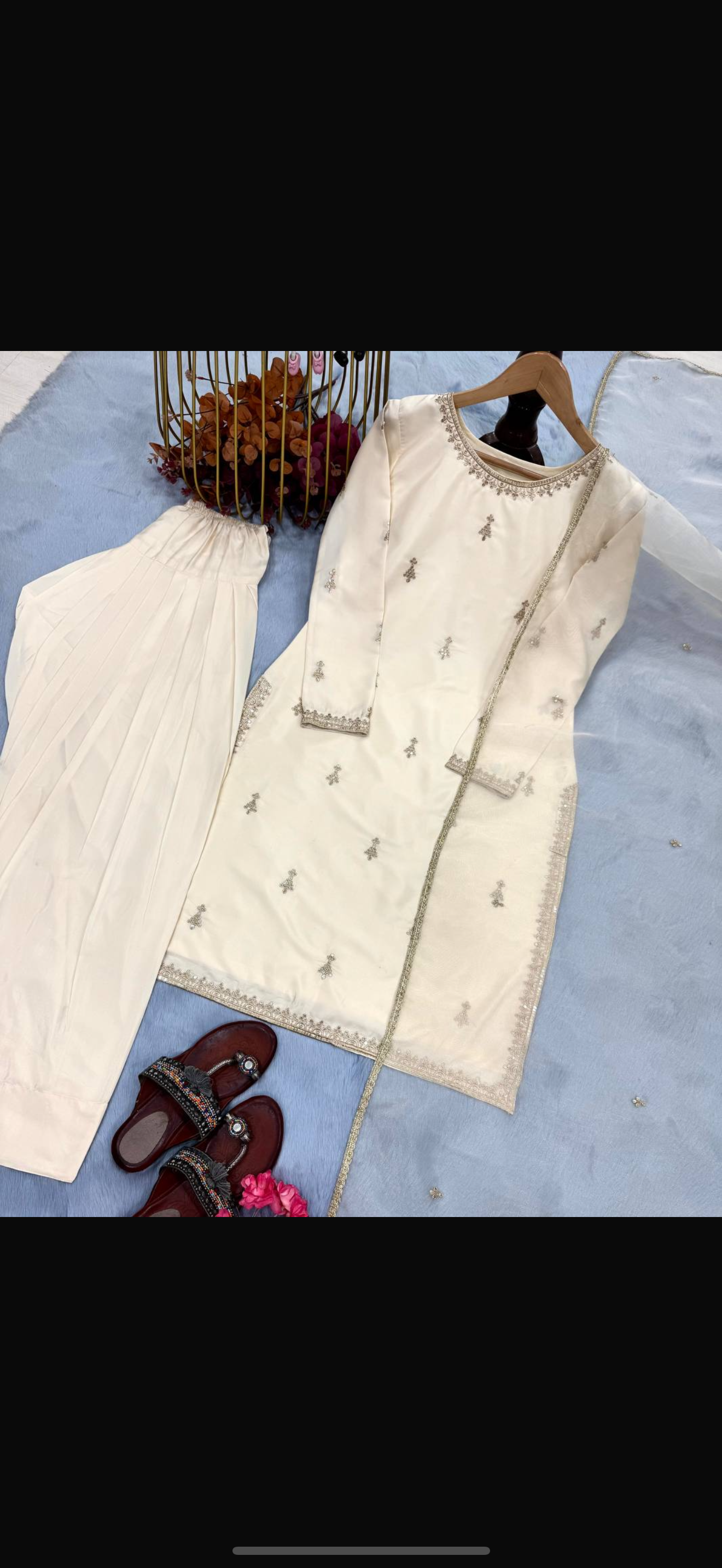 Beautiful designer Cream Kurta With Farshi Palazzo in Natural Satin With Embroidery and Dupatta