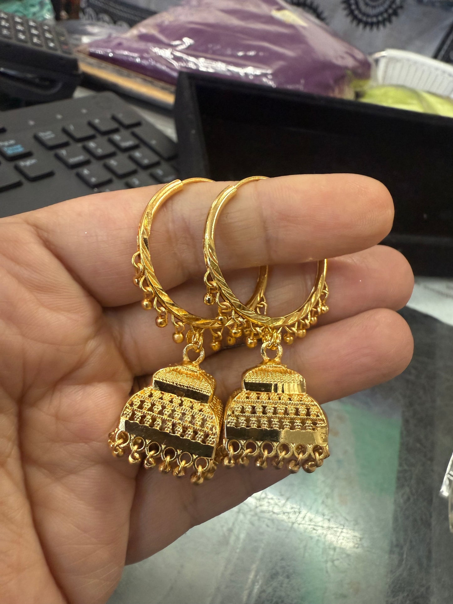 Beautiful designer gold plated daily wear Bali with jhumka