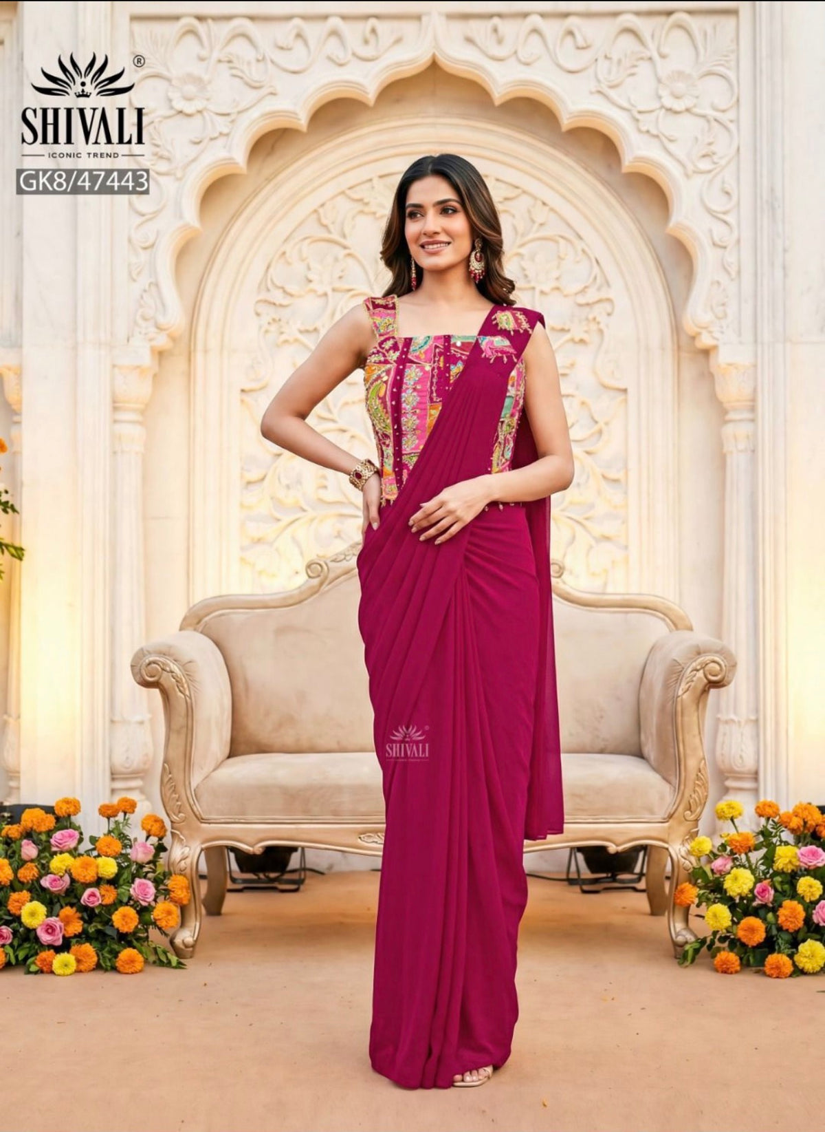 Beautiful designer FUCHSIA CORSET PRE-DRAPED SAREE SET