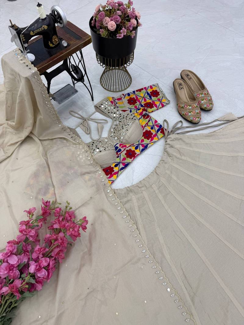 Charming Cream Designer Mal Mal Cotton Lehenga Set With Real Mirror Work For Navratri Wear