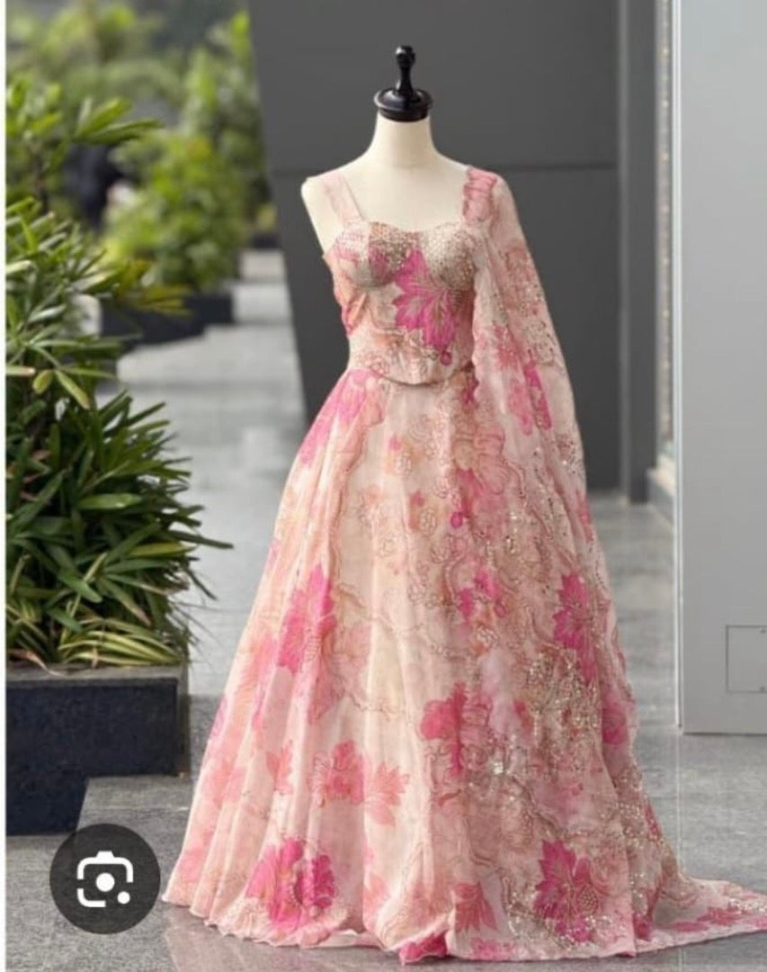 Lehenga Choli For Women And Girls Style Designer Corset Lehenga Set For Women Jimmy Organza Digital Print With Embroidered Blouse Dupatta Creem Colour