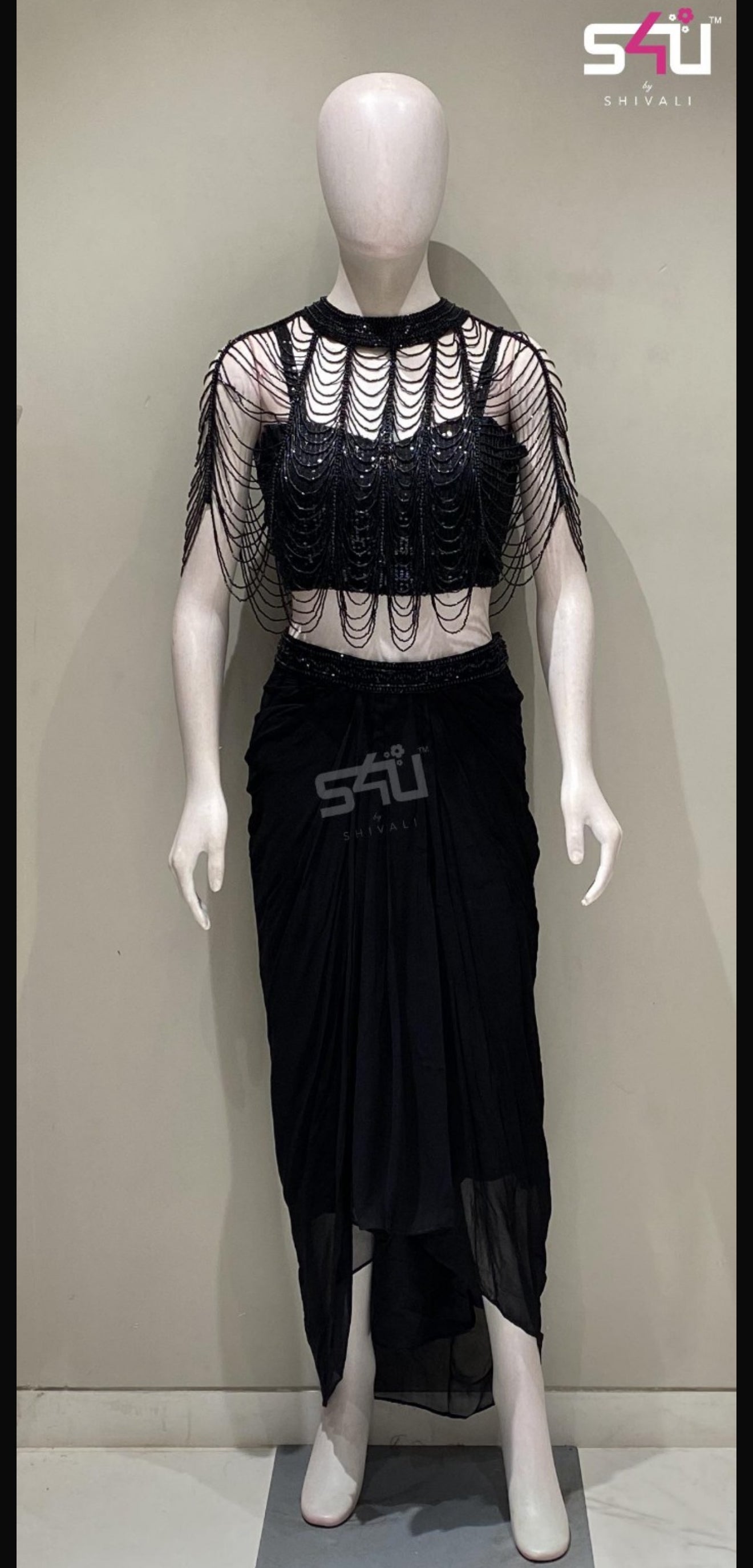 Beautiful designer Black Cape Tulle Embroidered Sequins Cape Open Wave Draped Skirt Set