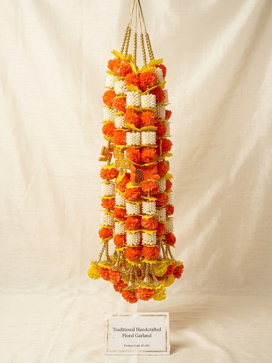 Marigold Artificial Garland With Bell Tube rose Tassels -Fluffy Flower Strings for Pooja, Door,Wedding, Diwali, Christmas Festive Home Décor