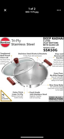 Hawkins Tri-ply Deep Kadhai 5 Litre with Glass lid
