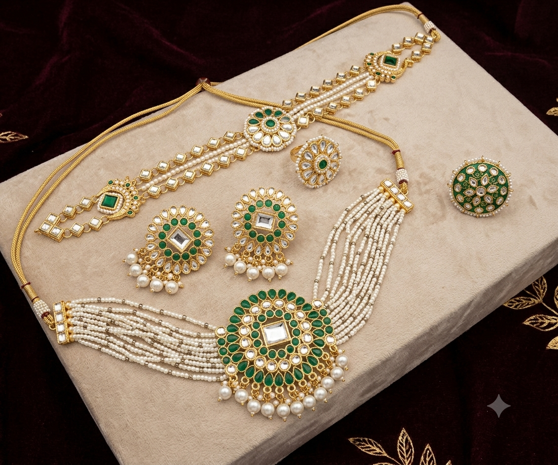 Beautiful designer necklace set with earrings ring & mathapatti