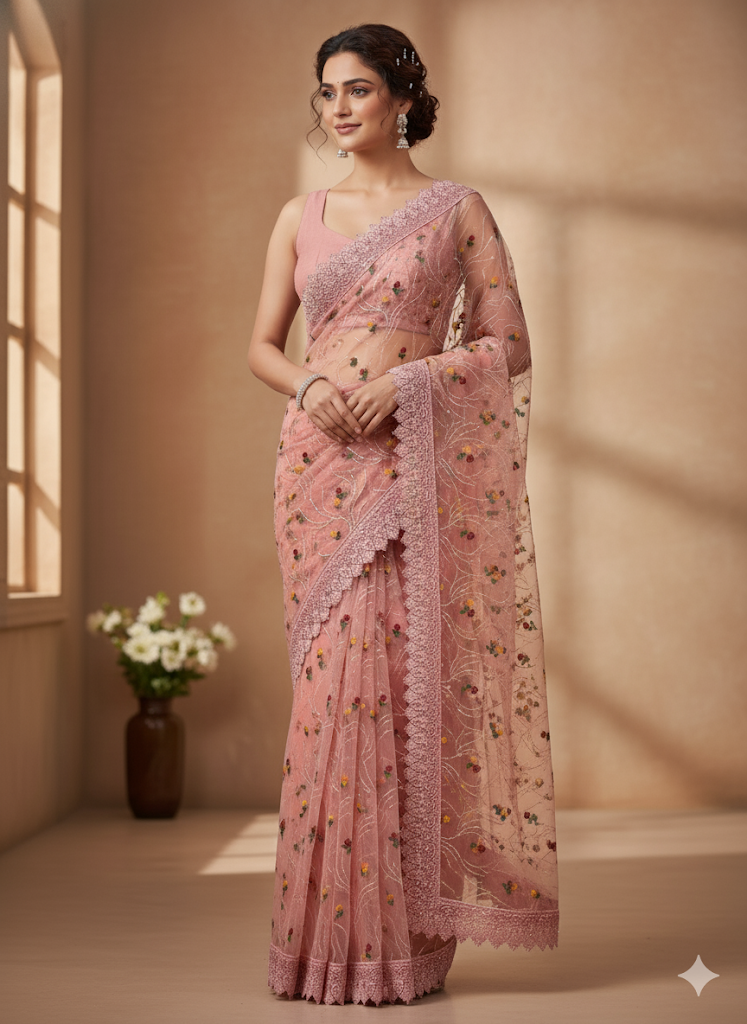 Beautiful designer fully embroidery net saree