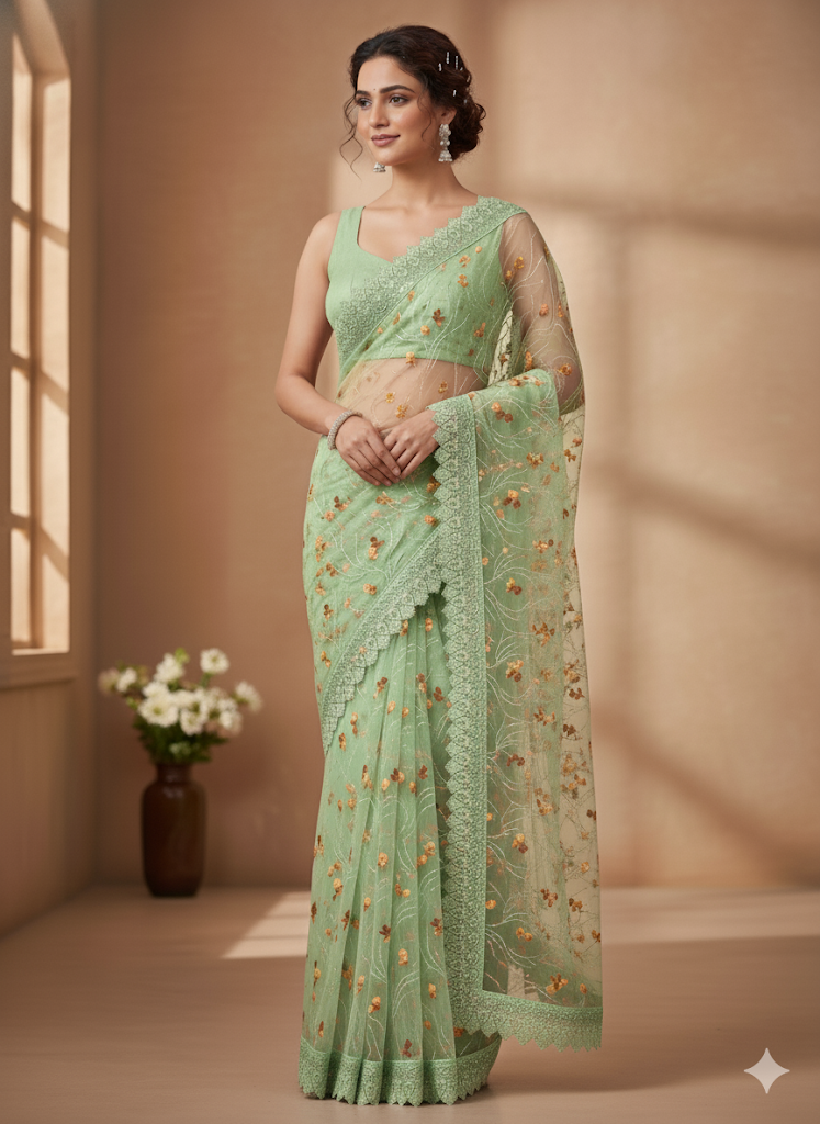 Beautiful designer fully embroidery net saree