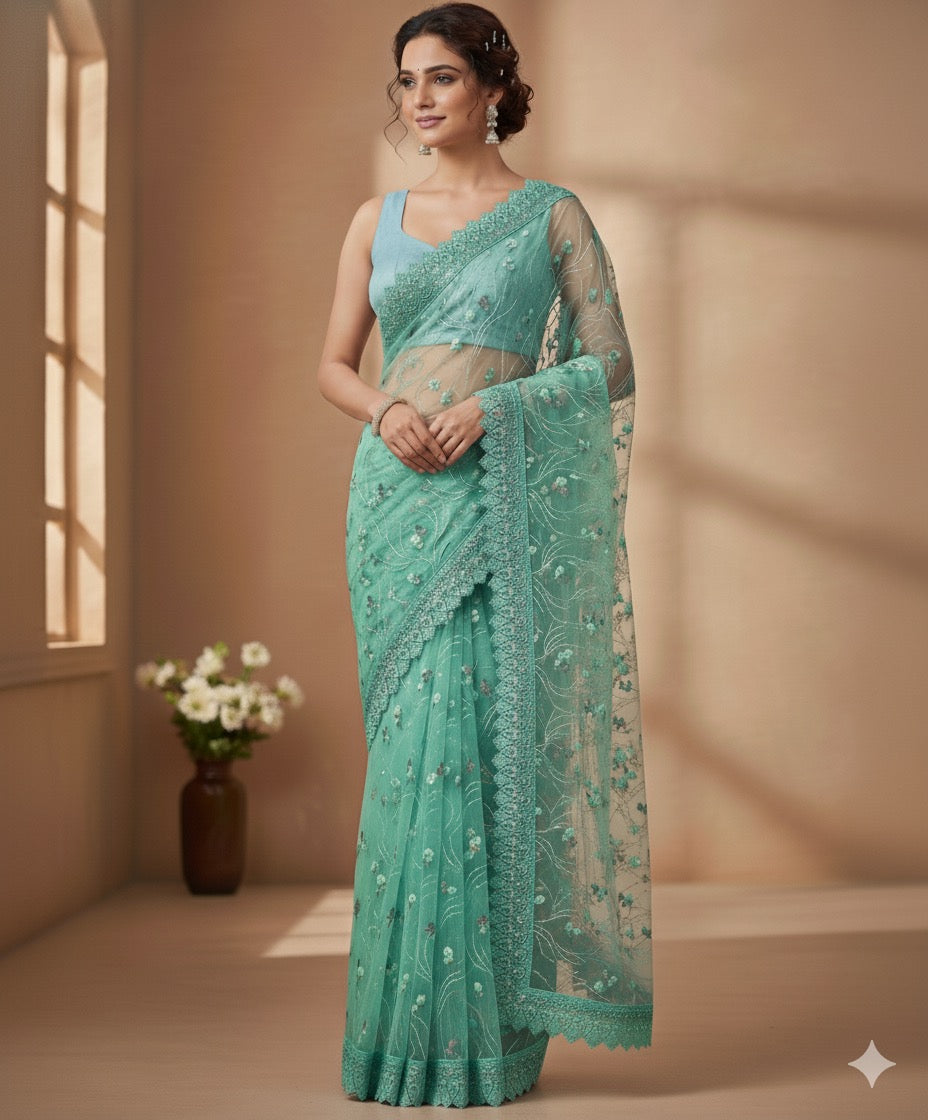 Beautiful designer fully embroidery net saree