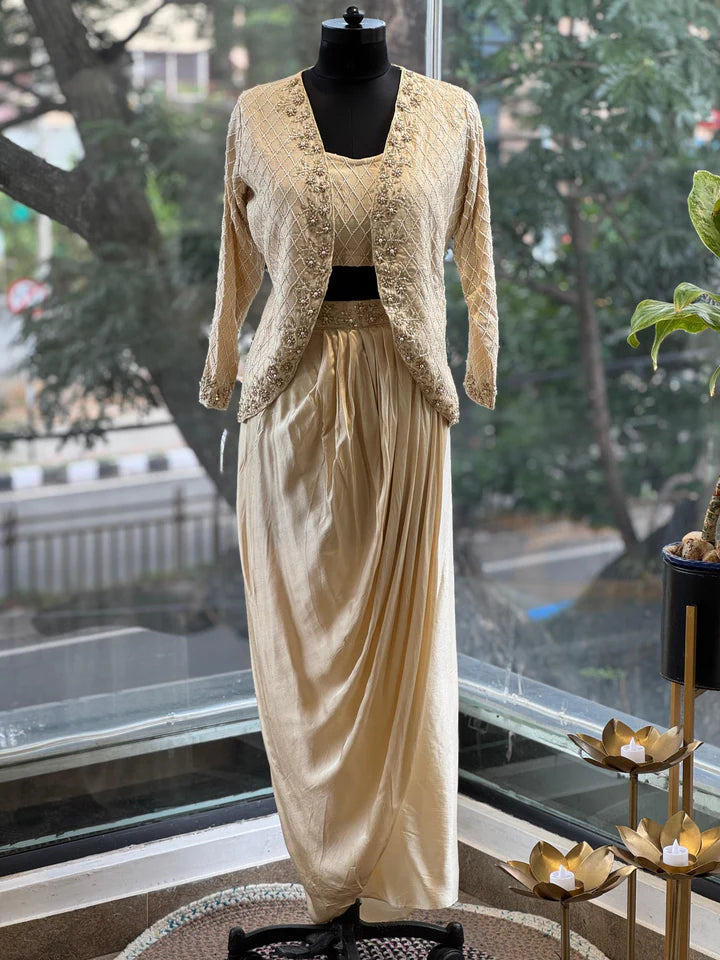 Beautiful designer Women's Ivory Draped Skirt with Embroidered Jacket, Modern Ethnic Wear, Evening Party Outfit