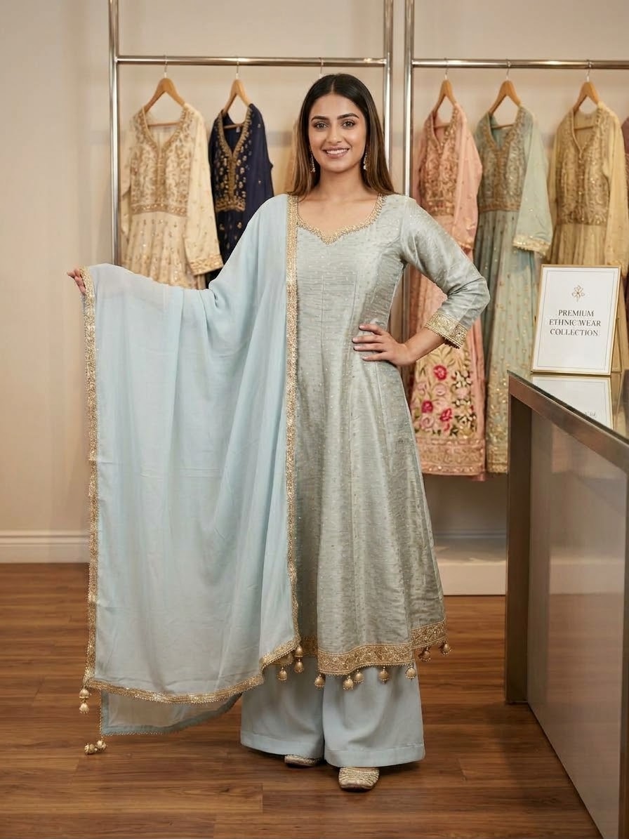 Beautiful designer flare anarkali top plazo suit