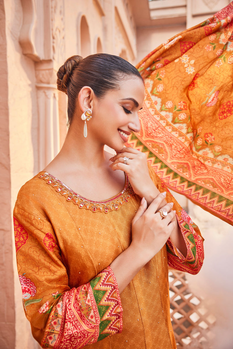Beautiful designer Orange Traditional Printed Spanish Silk Anarkali Set