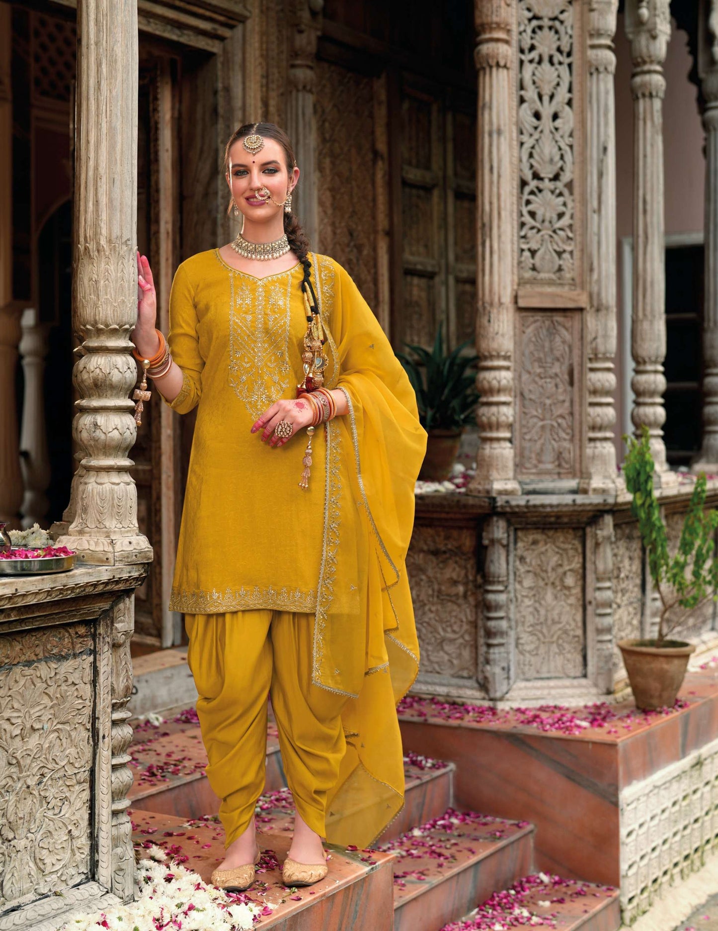 BEAUTIFUL DESIGNER WORK VISCOSE TOP WITH DHOTI BOTTOM AND DUPATTA SUIT