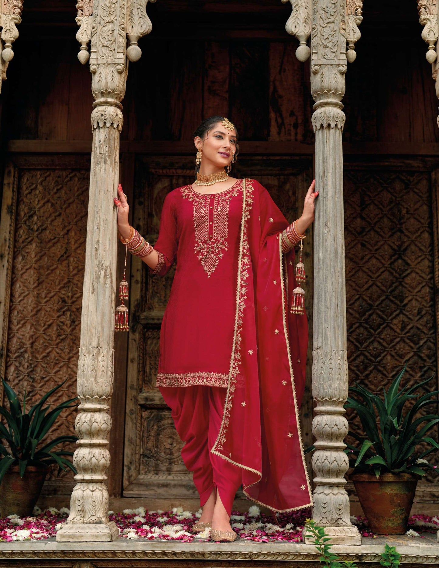 BEAUTIFUL DESIGNER WORK VISCOSE TOP WITH DHOTI BOTTOM AND DUPATTA SUIT