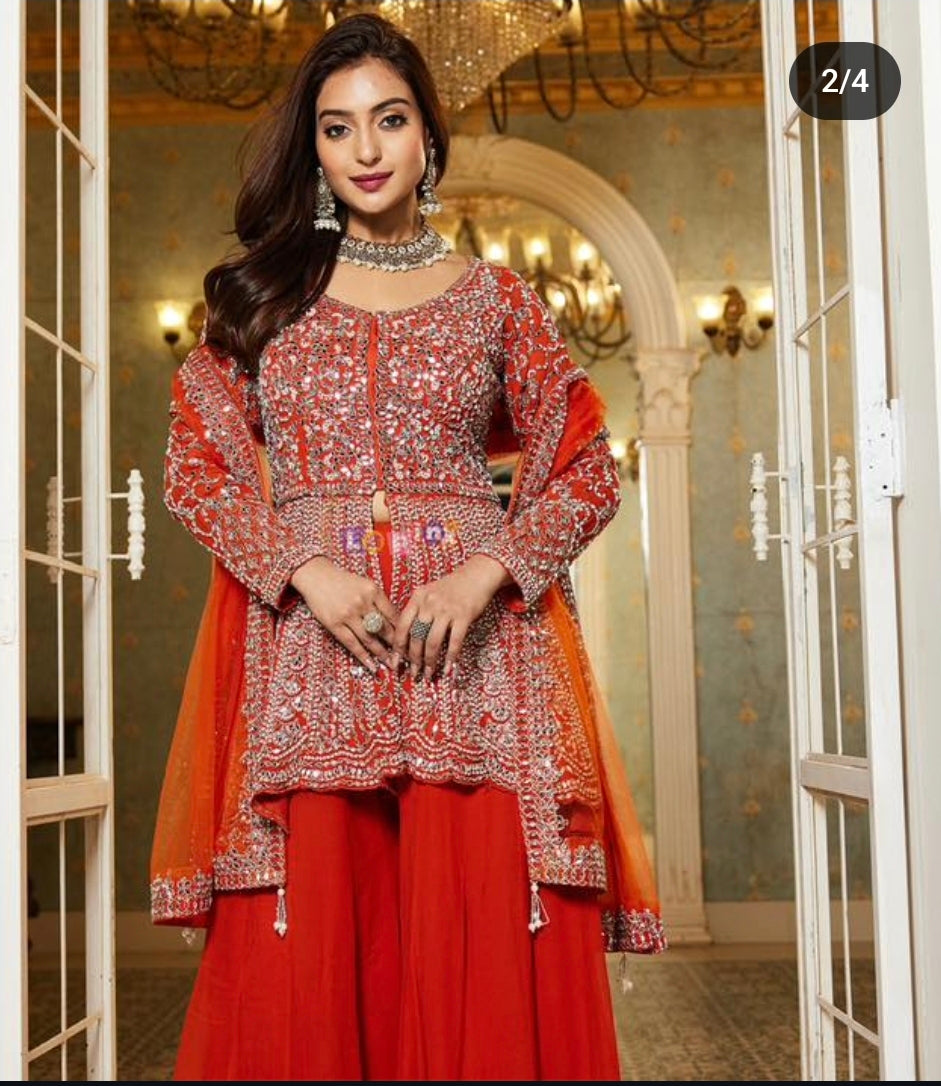 Beautiful designer high low front open plazo suit with mirrors work