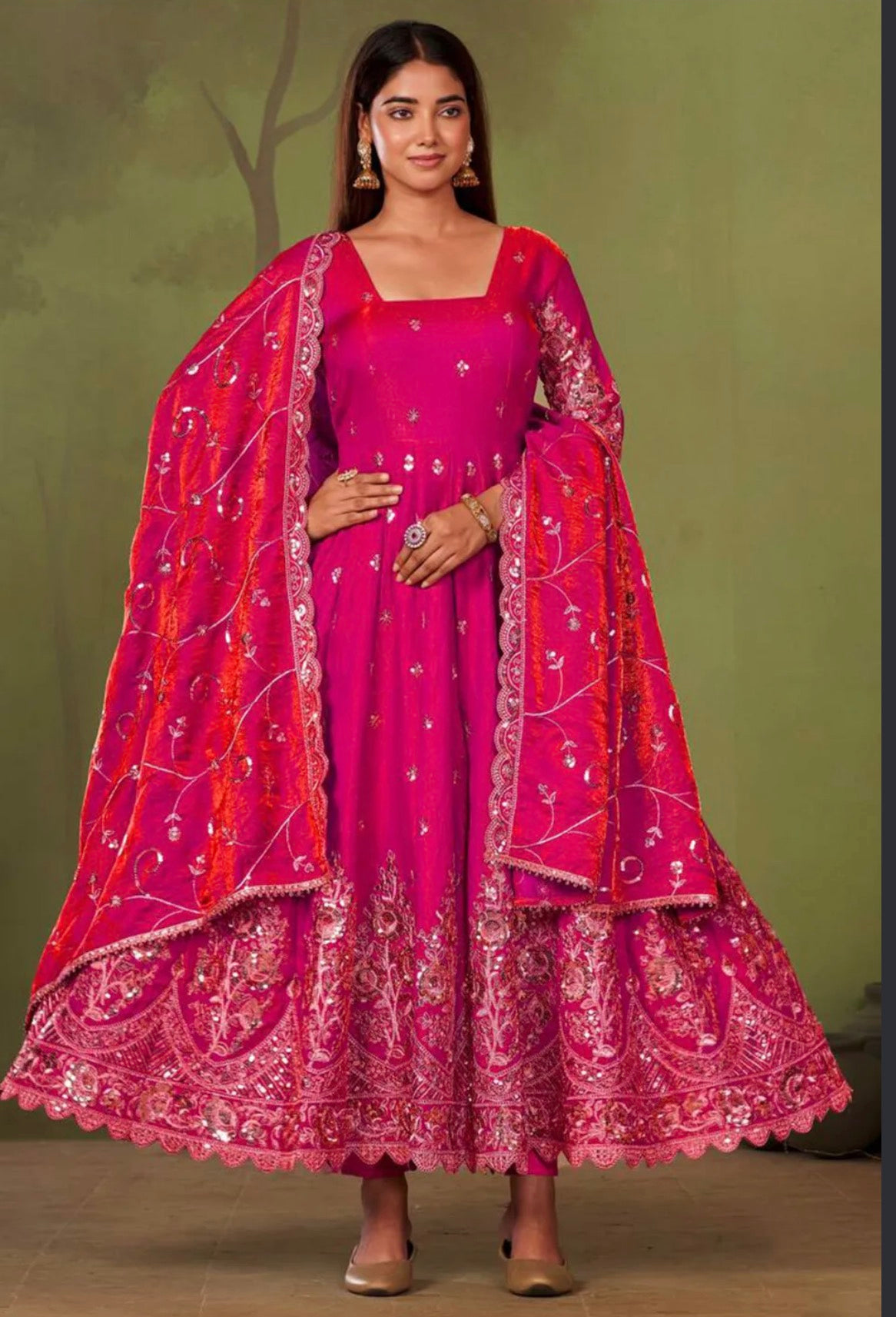 Beautiful designer Fandy Silk Embroidered Gown Set With Dupatta And Pant For Women