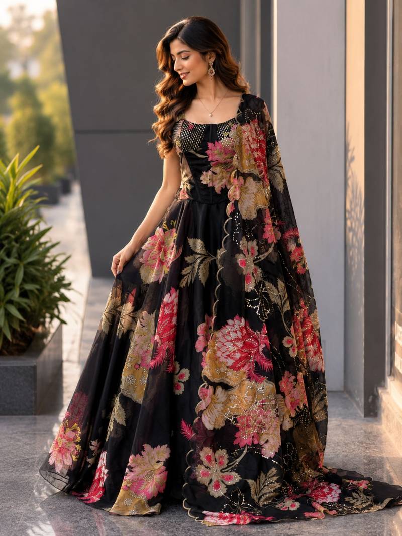 Lehenga Choli For Women And Girls Style Designer Corset Lehenga Set For Women Jimmy Organza Digital Print With Embroidered Blouse Dupatta black Colour