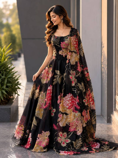 Lehenga Choli For Women And Girls Style Designer Corset Lehenga Set For Women Jimmy Organza Digital Print With Embroidered Blouse Dupatta black Colour