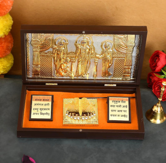 Gold Plated Bhagwan Shree Ram Darbar Charan Paduka | Devotional Prayer Box | Momento With Fragrance Decorative Showpiece Box Packing