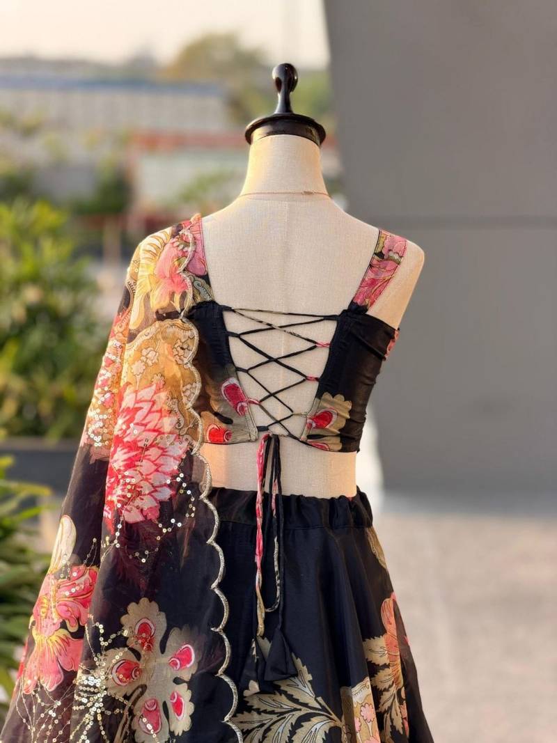 Lehenga Choli For Women And Girls Style Designer Corset Lehenga Set For Women Jimmy Organza Digital Print With Embroidered Blouse Dupatta black Colour