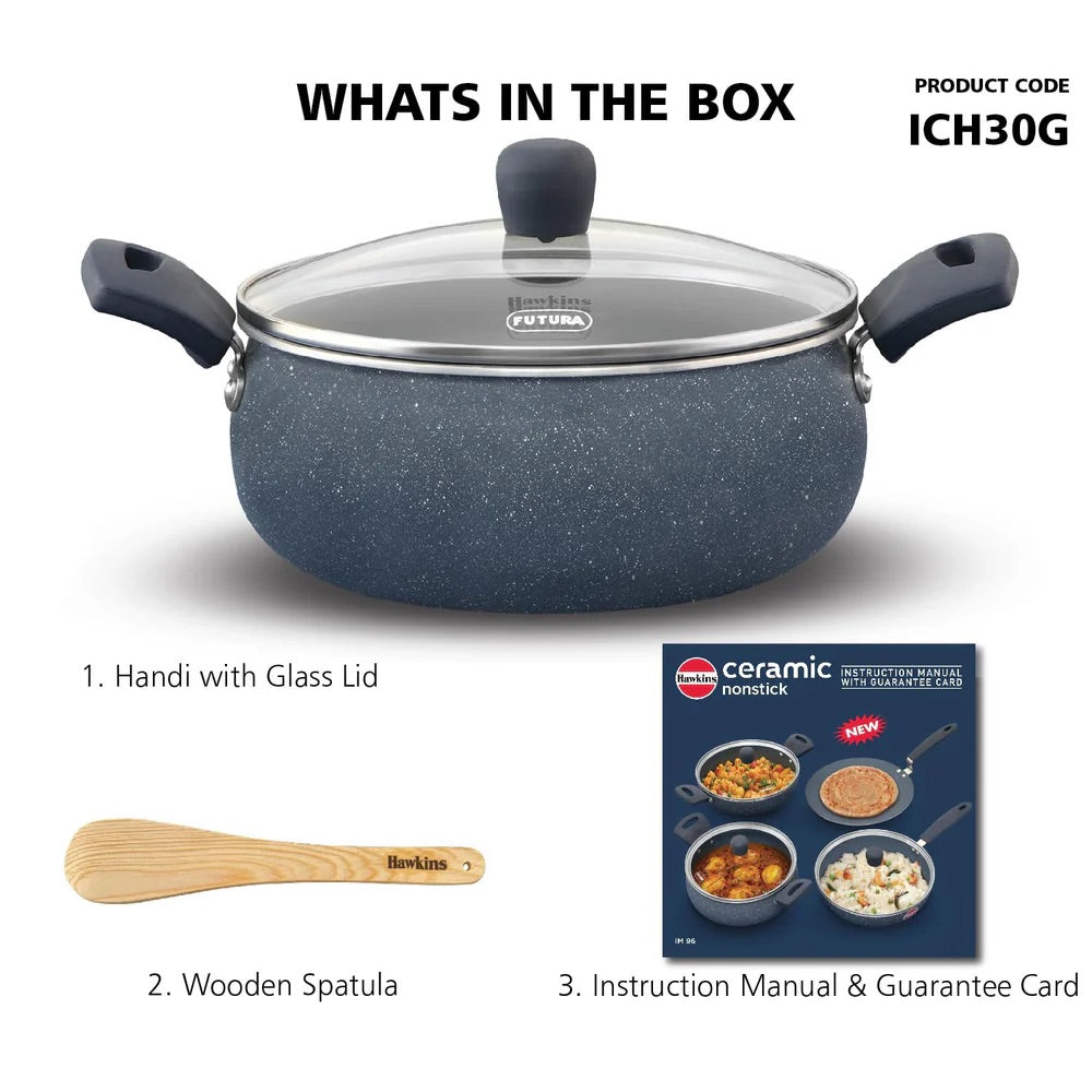 Hawkins Ceramic Nonstick Handi with Glass Lid | Biryani Pot | Gas & Induction Compatible | Grey