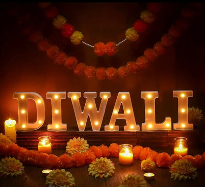 Beautiful 6-Pack Diwali LED Light-Up Letter Sign Set, 16.0cm Marquee Festival Decoration, Freestanding Plastic Diwali Signage for Pooja Room