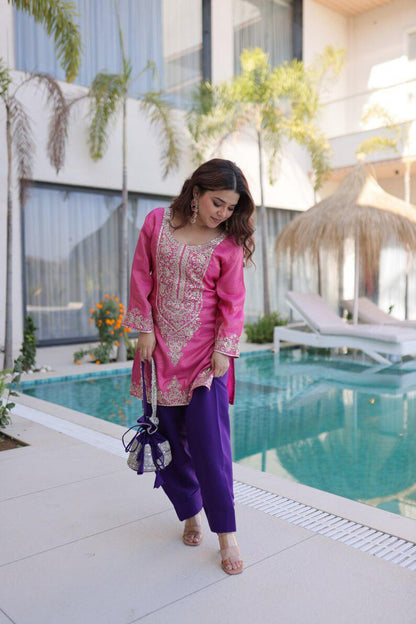 Designer Viscose Kurti Pant Set with Batwa Sequins Zari Embroidery
