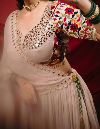 Charming Cream Designer Mal Mal Cotton Lehenga Set With Real Mirror Work For Navratri Wear