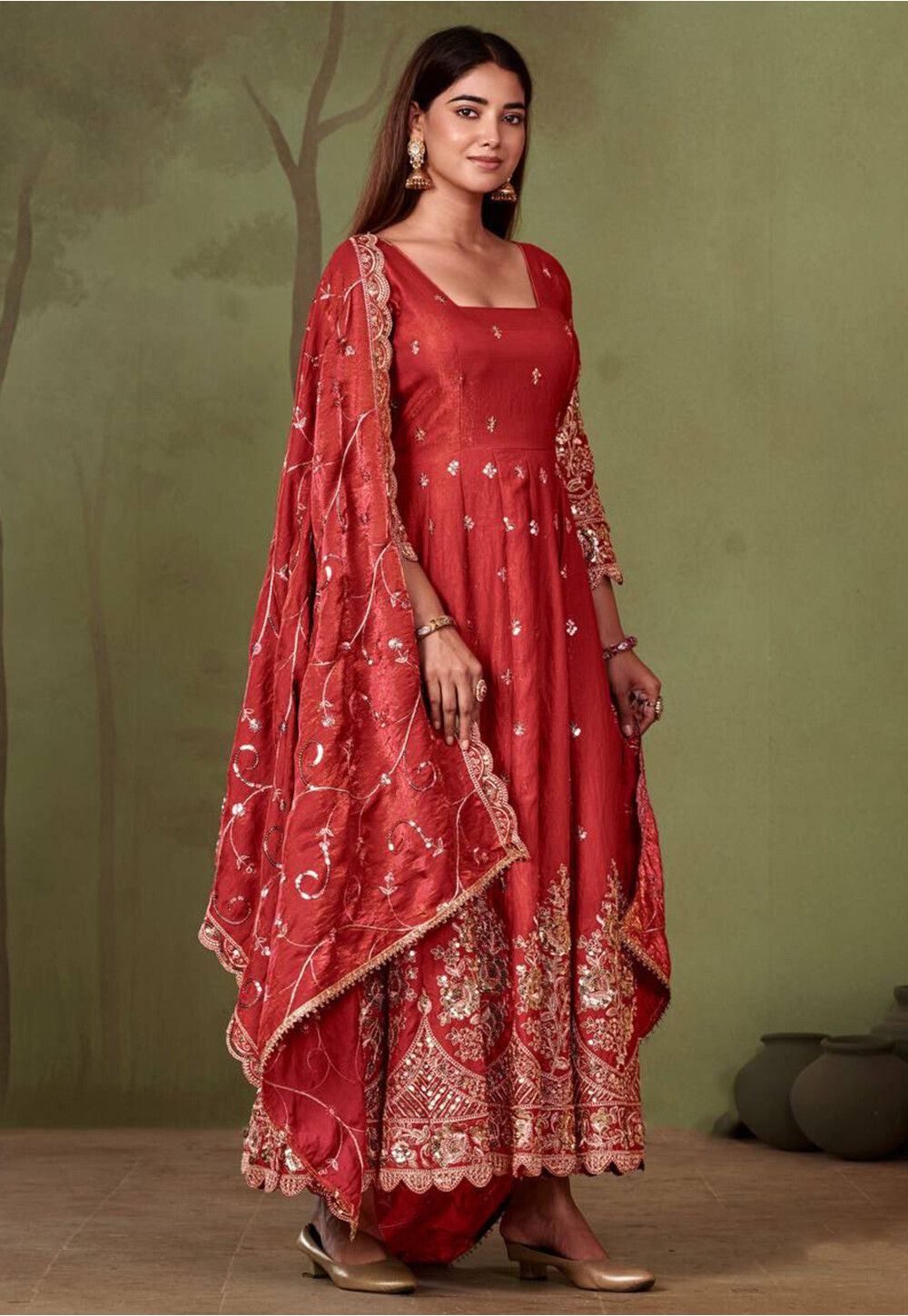 Beautiful designer Fandy Silk Embroidered Gown Set With Dupatta And Pant For Women