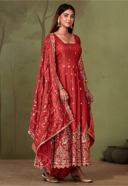 Beautiful designer Fandy Silk Embroidered Gown Set With Dupatta And Pant For Women