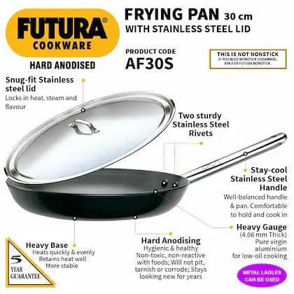 Hawkins Futura 30 cm Frying Pan, Hard Anodised Fry Pan with Stainless Steel Handle and Stainless Steel Lid, Big Frying Pan, Black (AF30S)