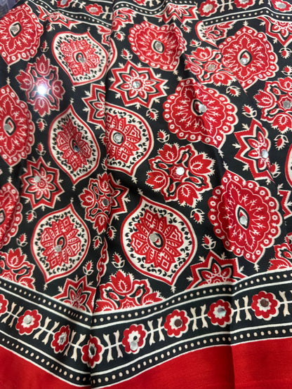 Beautiful designer Ajrakh Modal Silk Saree with Mirror Work & Pallu Tassels