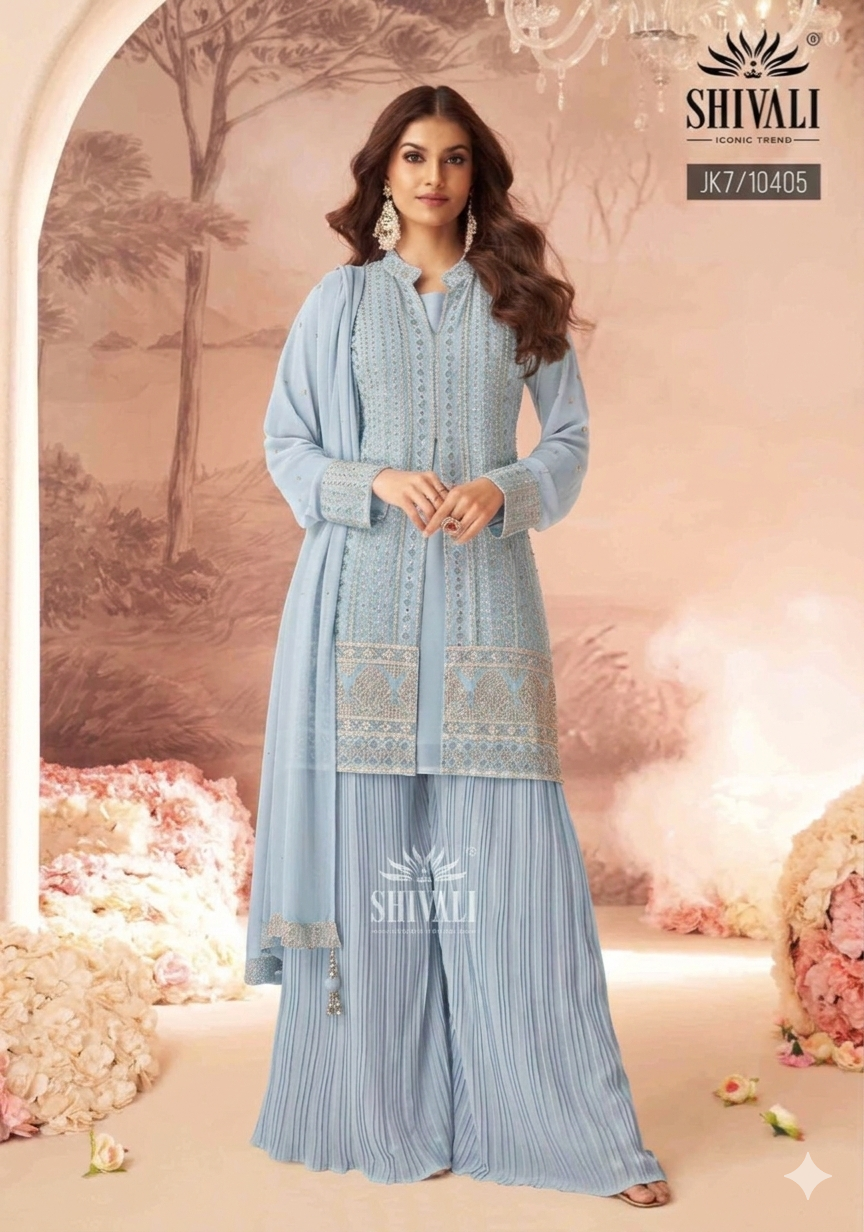 Beautiful designer Pakistani style plazo suit with jacket/koti