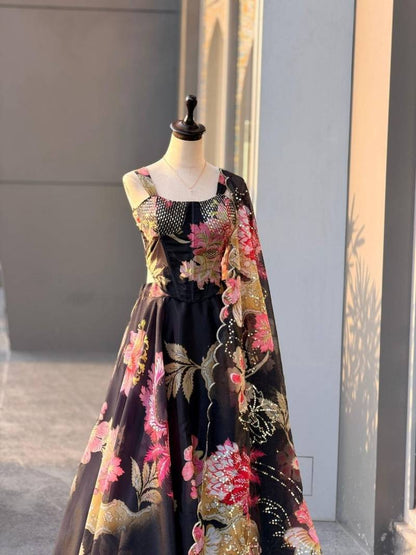 Lehenga Choli For Women And Girls Style Designer Corset Lehenga Set For Women Jimmy Organza Digital Print With Embroidered Blouse Dupatta black Colour