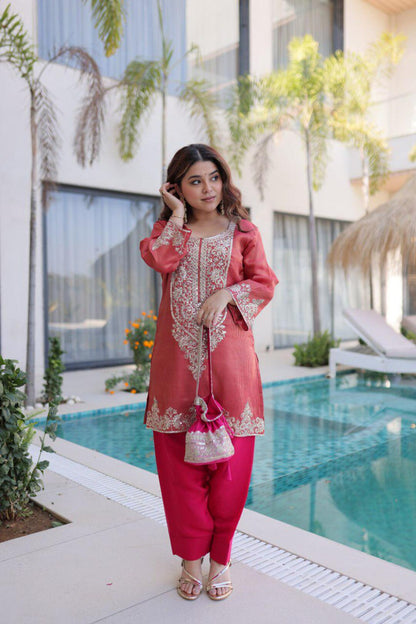 Designer Viscose Kurti Pant Set with Batwa Sequins Zari Embroidery