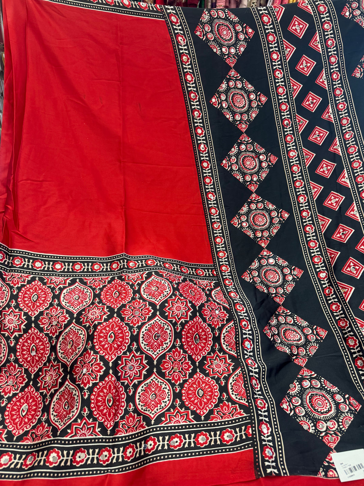 Beautiful designer Ajrakh Modal Silk Saree with Mirror Work & Pallu Tassels