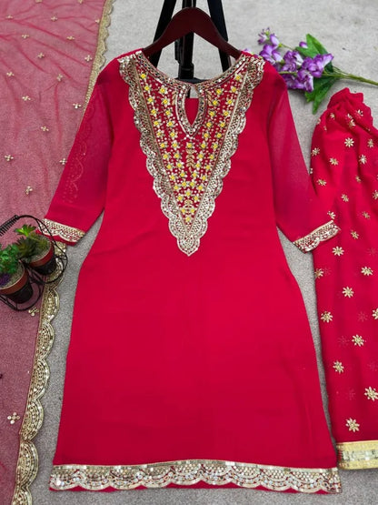 Beautiful designer Pink Top Palazzo Suit With Heavy Embroidery and Sequence Work With Dupatta