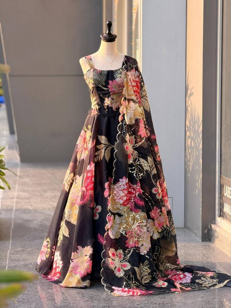 Lehenga Choli For Women And Girls Style Designer Corset Lehenga Set For Women Jimmy Organza Digital Print With Embroidered Blouse Dupatta black Colour
