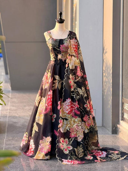 Lehenga Choli For Women And Girls Style Designer Corset Lehenga Set For Women Jimmy Organza Digital Print With Embroidered Blouse Dupatta black Colour