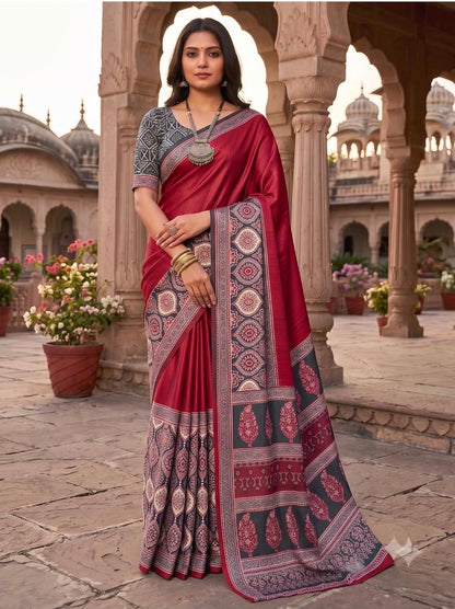 Beautiful designer Ajrakh Modal Silk Saree with Mirror Work & Pallu Tassels