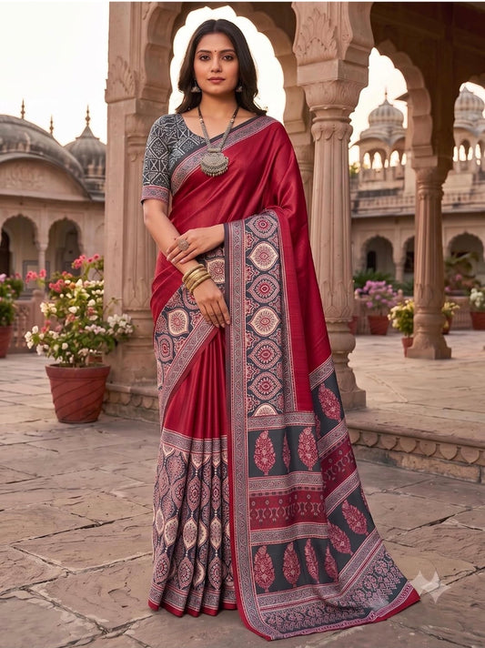 Beautiful designer Ajrakh Modal Silk Saree with Mirror Work & Pallu Tassels