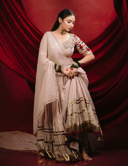 Charming Cream Designer Mal Mal Cotton Lehenga Set With Real Mirror Work For Navratri Wear