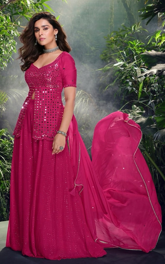 Beautiful designer Partywear Pink Silk Georgette Indo Western Short Top Palazzo Set