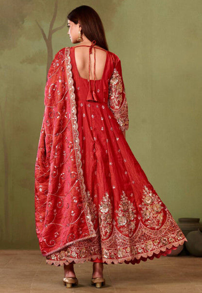 Beautiful designer Fandy Silk Embroidered Gown Set With Dupatta And Pant For Women