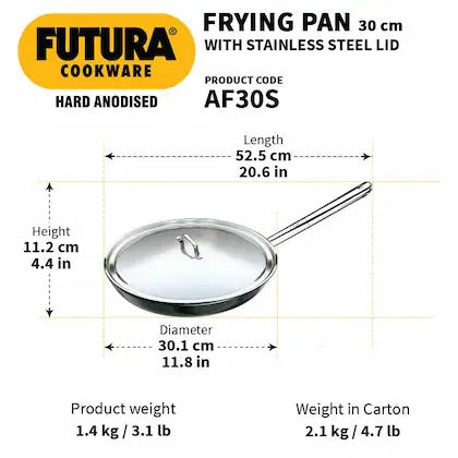 Hawkins Futura 30 cm Frying Pan, Hard Anodised Fry Pan with Stainless Steel Handle and Stainless Steel Lid, Big Frying Pan, Black (AF30S)