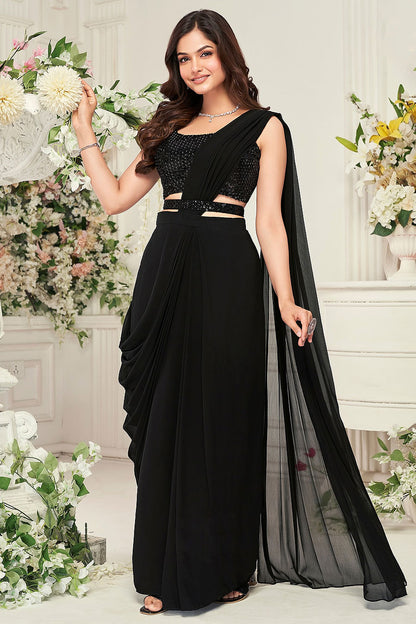 CLASSIC BLACK PRE-STITCHED SAREE WITH SEQUIN EMBELLISHED BLOUSE – CONTEMPORARY INDIAN PARTY & FESTIVE WEAR