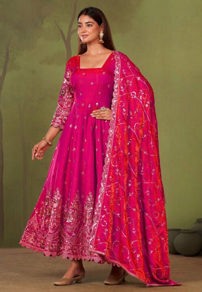 Beautiful designer Fandy Silk Embroidered Gown Set With Dupatta And Pant For Women