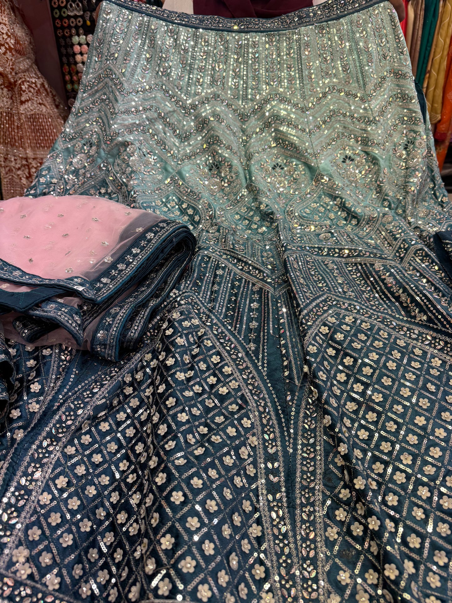 Beautiful designer heavily embroidered lengha with 2 dupatta