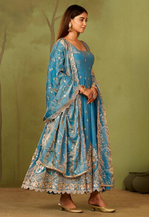 Beautiful designer Fandy Silk Embroidered Gown Set With Dupatta And Pant For Women